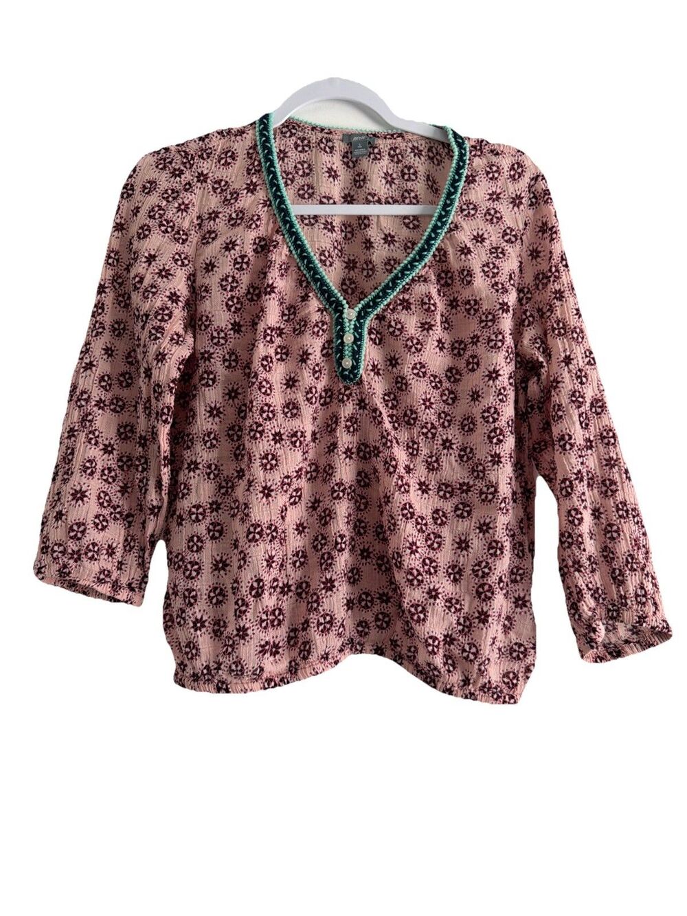 Aerie Boho Peasant Blouse Women’s Small Pink Floral Gauze V-Neck Embroidered